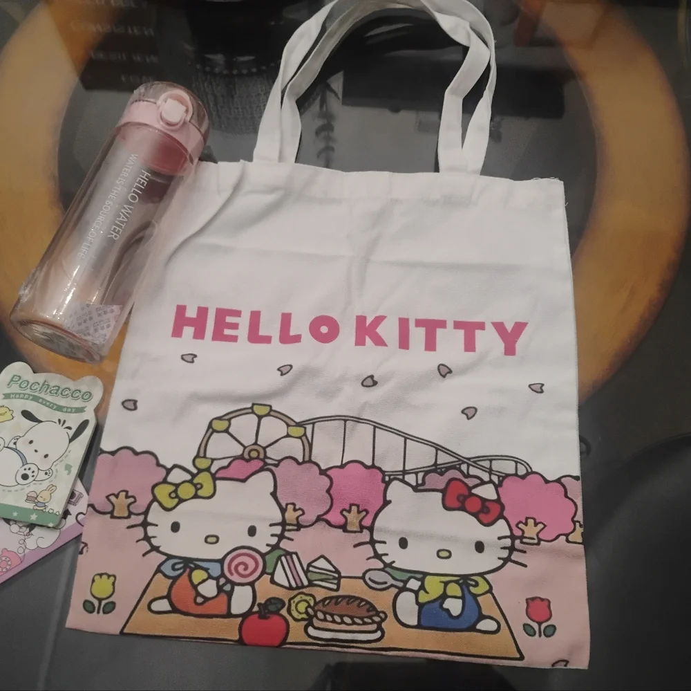 Hello Kitty Pink Picnic Cotton Canvas Tote with Bonus Water Bottle NEW